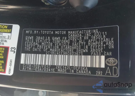 2011 Toyota Corolla S z USA, uszkodzony, nr VIN 2T1BU4EE9BC603675